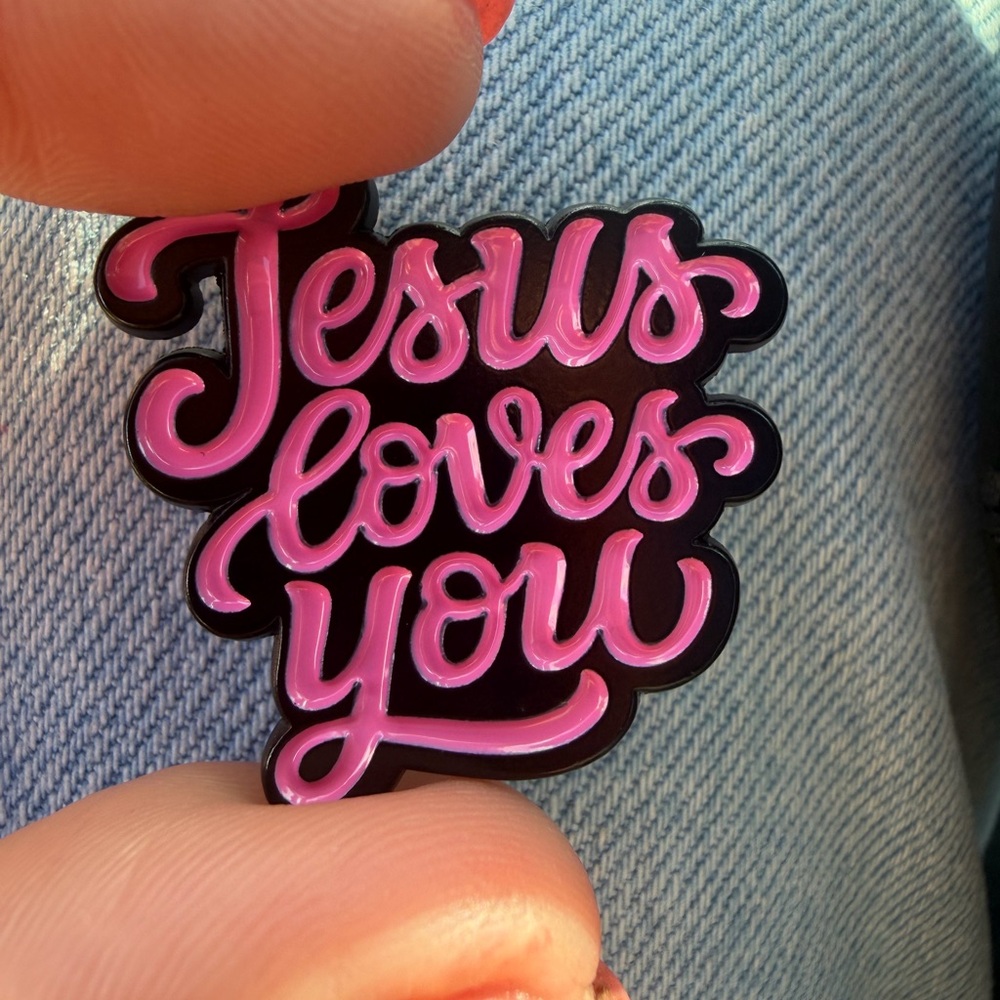 Pink 'Jesus Loves You' Pin brooch